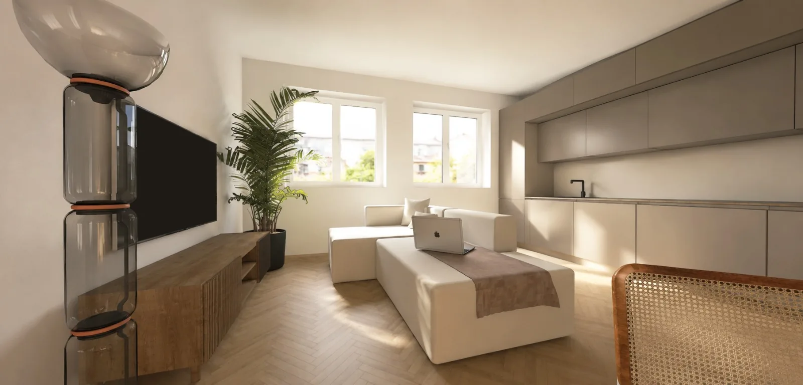 Cucina su misura con ante laccate opache e piano in legno