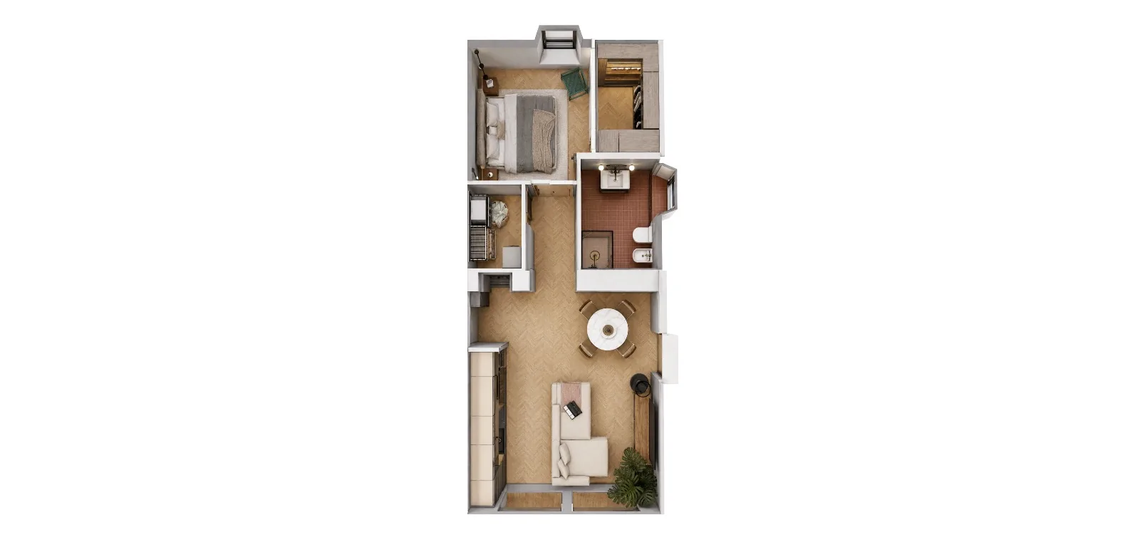 Planimetria 3D del bilocale: soggiorno con cucina, camera, cabina armadio, bagno e lavanderia