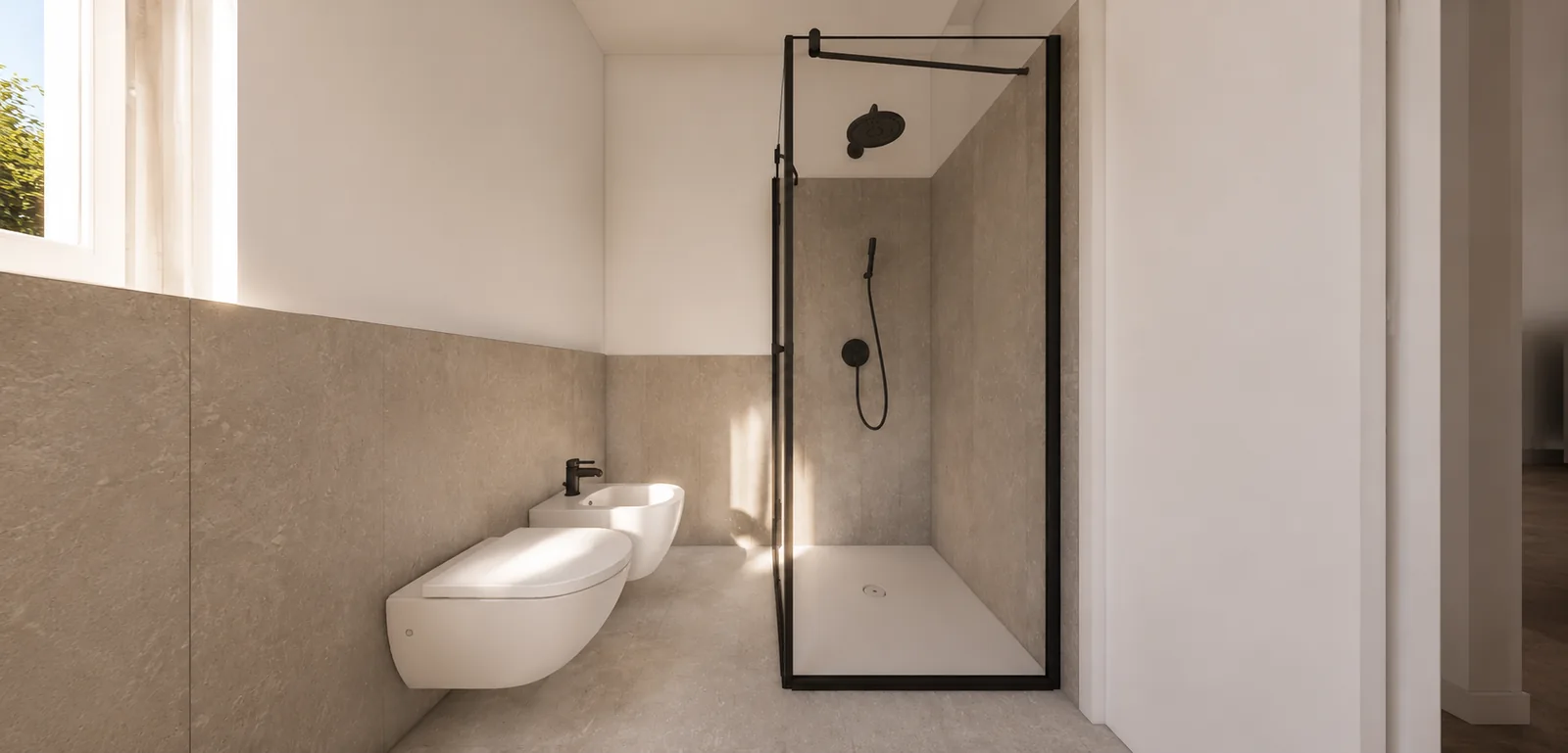 Doccia walk-in con profilo nero e rivestimento effetto pietra
