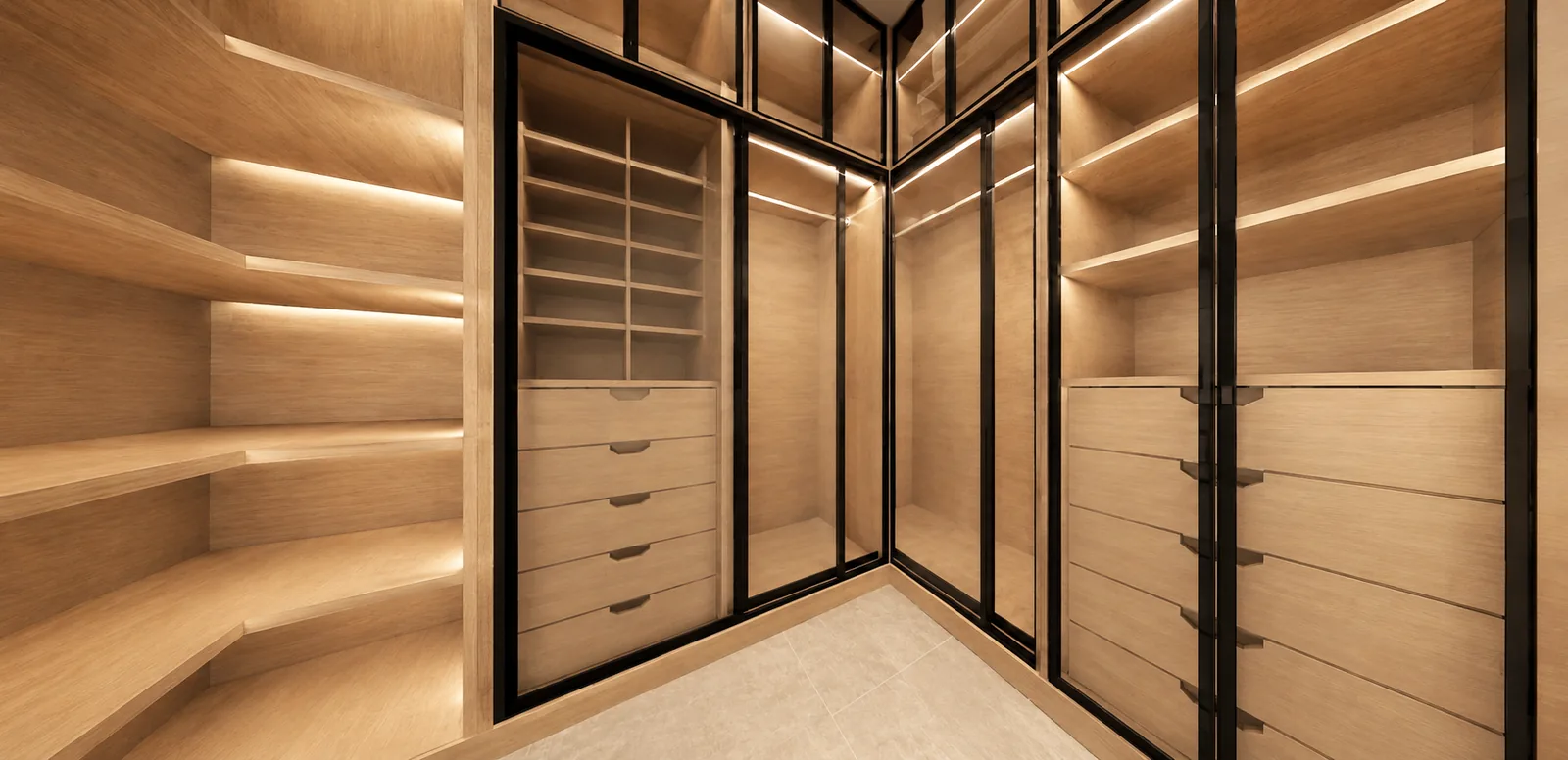 Cabina armadio su misura in legno con vetrine e illuminazione integrata