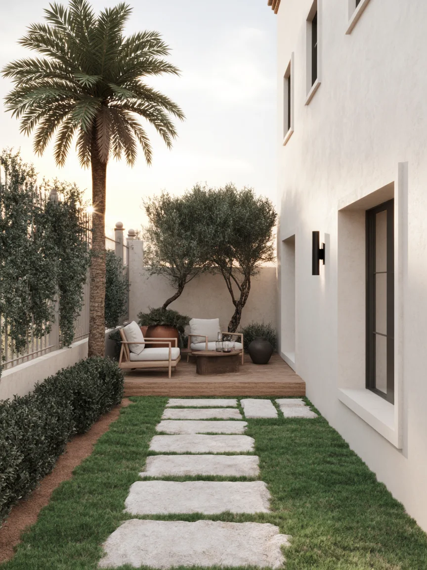 Render di progetto del giardino privato: vialetto in lastre di pietra, prato, siepi e salotto all'aperto sotto le palme