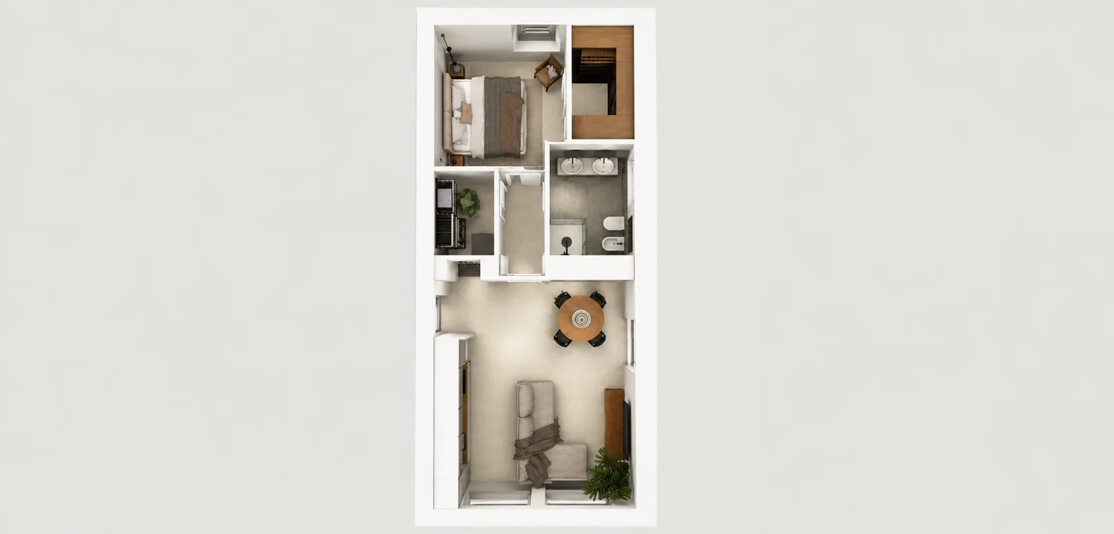 Planimetria 3D del bilocale: soggiorno con cucina, camera, cabina armadio, bagno e lavanderia
