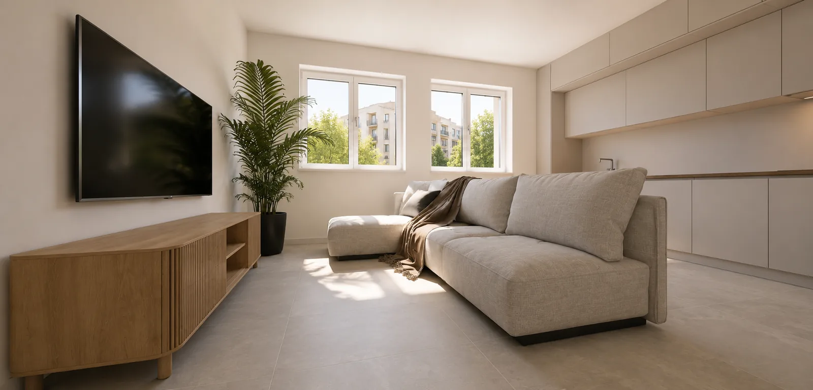 Zona living con divano, TV e cucina a vista su misura